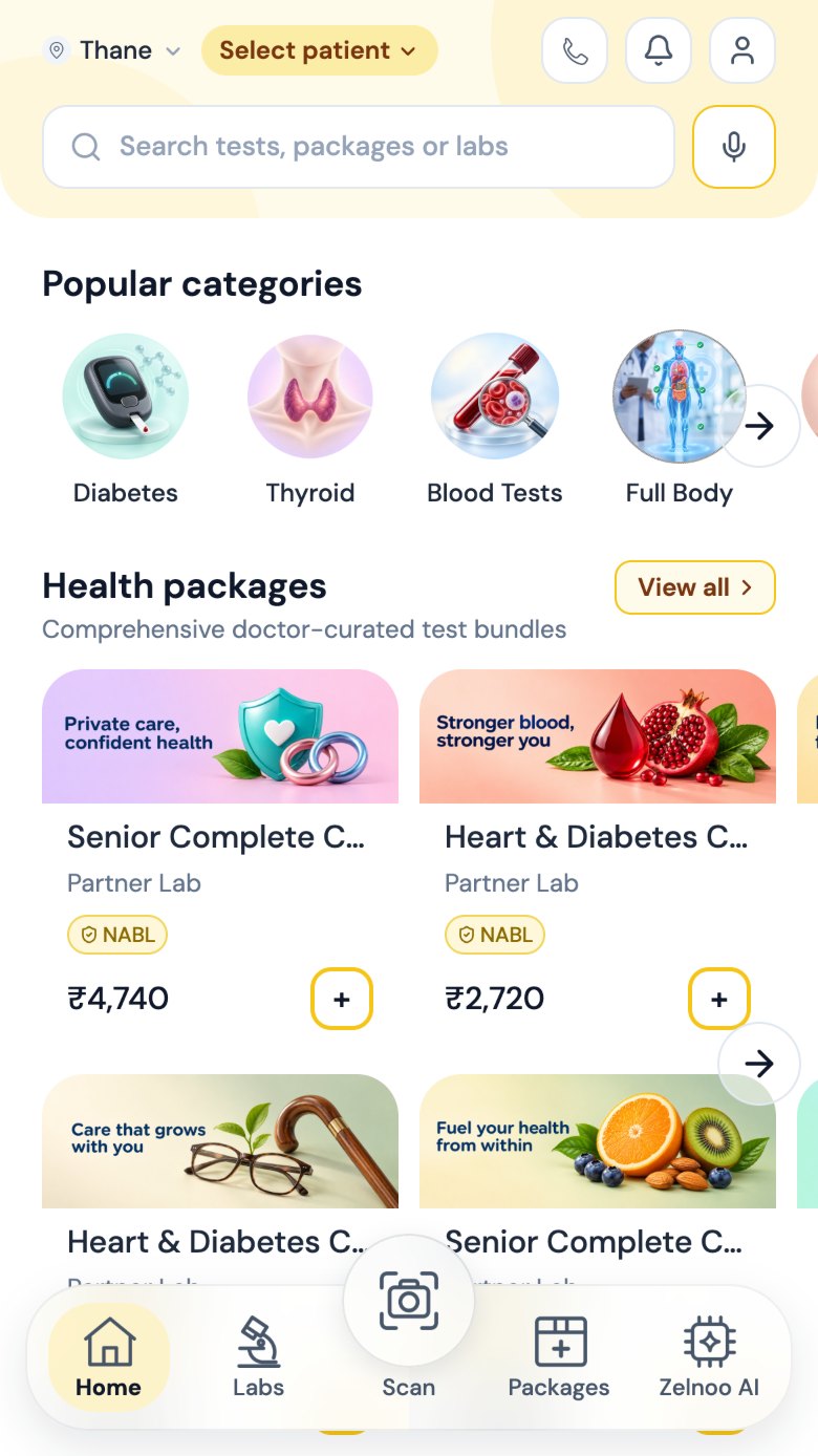 Zelnoo app home: search, popular test categories and health packages